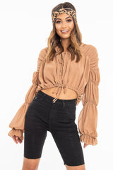 Camel Chiffon Balloon Sleeve Crop Tie Front Blouse - Amelia-Blouse