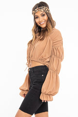 Camel Chiffon Balloon Sleeve Crop Tie Front Blouse - Amelia-Blouse