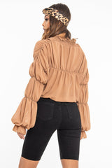 Camel Chiffon Balloon Sleeve Crop Tie Front Blouse - Amelia-Blouse
