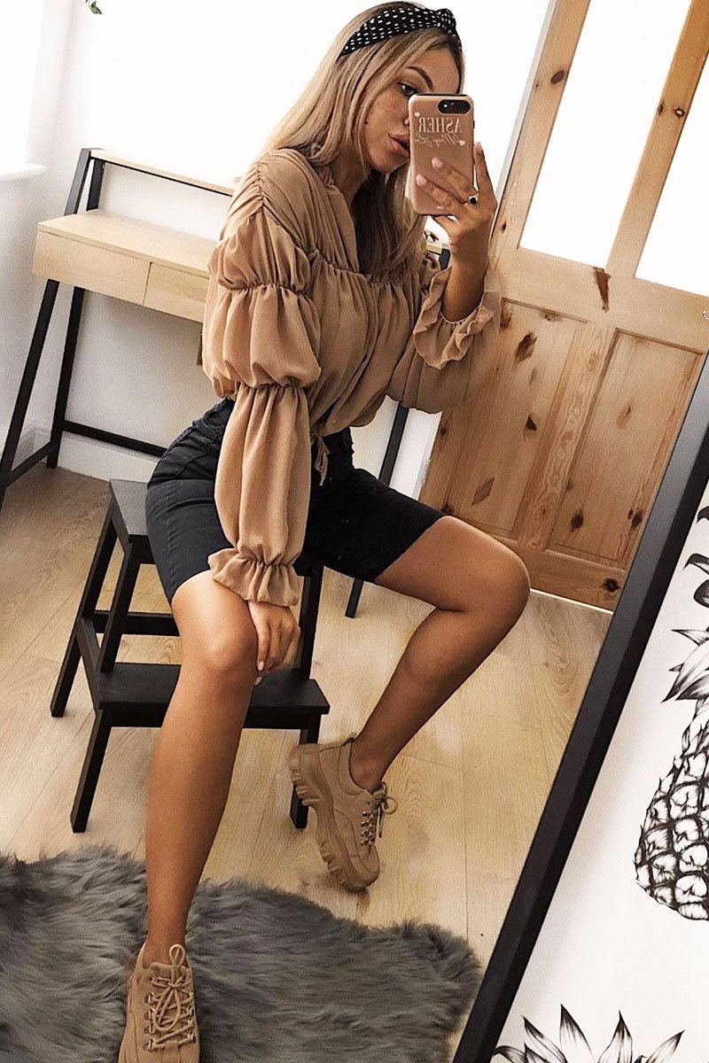 Camel Chiffon Balloon Sleeve Crop Tie Front Blouse - Amelia-Blouse