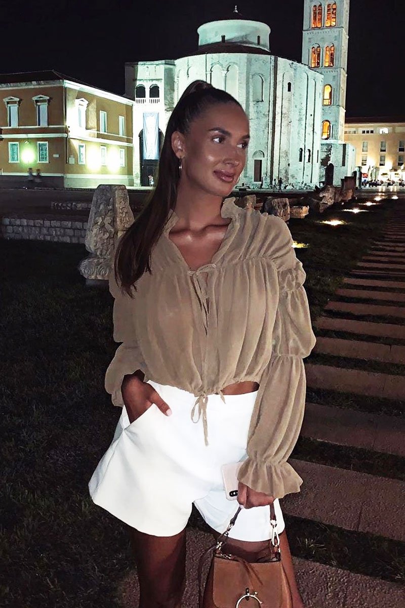 Camel Chiffon Balloon Sleeve Crop Tie Front Blouse - Amelia-Blouse