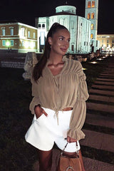 Camel Chiffon Balloon Sleeve Crop Tie Front Blouse - Amelia-Blouse