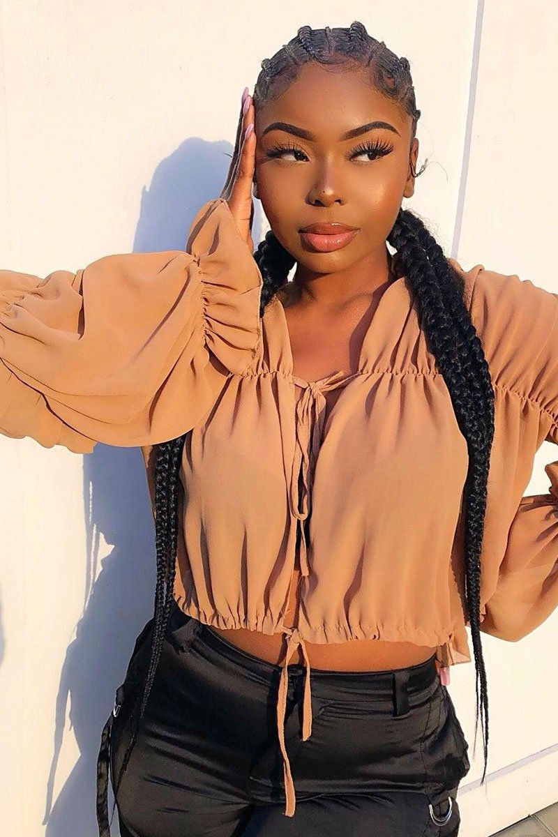 Camel Chiffon Balloon Sleeve Crop Tie Front Blouse - Amelia-Blouse