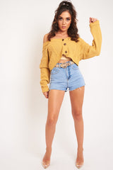 Camel Chunky Knit Button Up Crop Cardigan - Elly-Cardigans