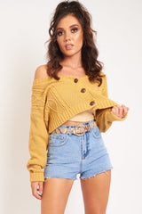 Camel Chunky Knit Button Up Crop Cardigan - Elly-Cardigans