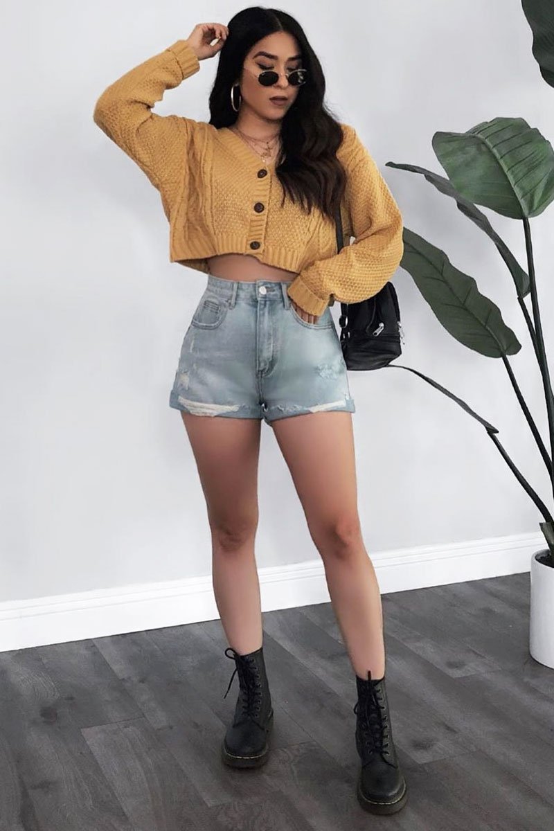 Camel Chunky Knit Button Up Crop Cardigan - Elly-Cardigans