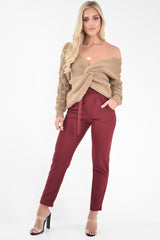 Camel Chunky Knit Plunge Sleeve Detail Jumper - Laelle-Jumper