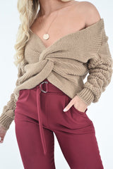 Camel Chunky Knit Plunge Sleeve Detail Jumper - Laelle-Jumper