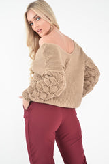 Camel Chunky Knit Plunge Sleeve Detail Jumper - Laelle-Jumper