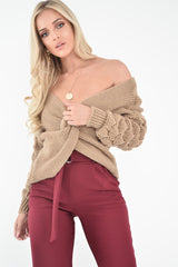 Camel Chunky Knit Plunge Sleeve Detail Jumper - Laelle-Jumper