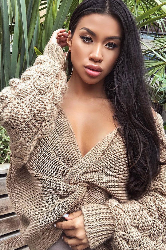 Camel Chunky Knit Plunge Sleeve Detail Jumper - Laelle