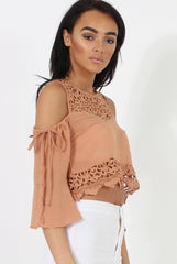 Camel Cold Shoulder Crochet Crop Top - Carlene-Tops