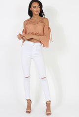 Camel Cold Shoulder Crochet Crop Top - Carlene-Tops
