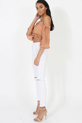 Camel Cold Shoulder Crochet Crop Top - Carlene-Tops