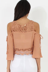 Camel Cold Shoulder Crochet Crop Top - Carlene-Tops