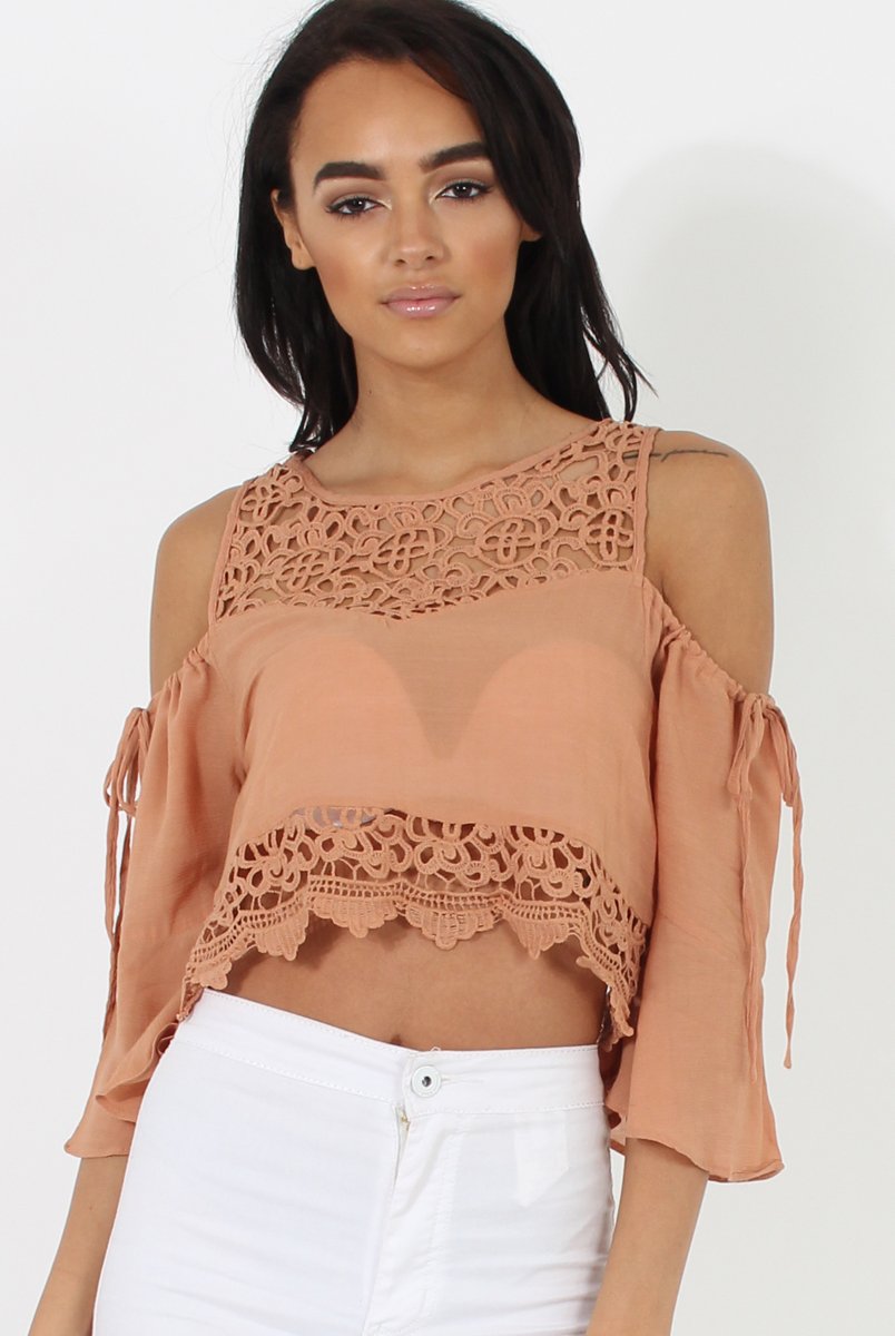 Camel Cold Shoulder Crochet Crop Top - Carlene-Tops
