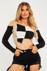 Camel Colour Block Off Shoulder Crop Top - Lanae-Crop Tops