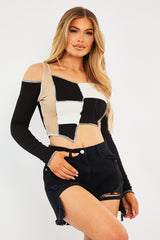 Camel Colour Block Off Shoulder Crop Top - Lanae-Crop Tops