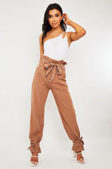 Camel Contrast Stitch Ankle Tie Trousers - Neyla-Trousers