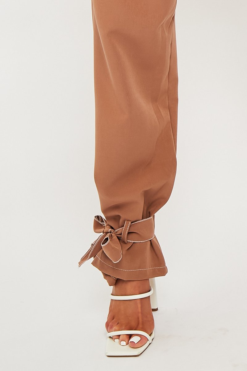 Camel Contrast Stitch Ankle Tie Trousers - Neyla-Trousers