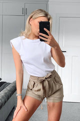 Camel Contrast Stitch Belted Shorts - Michella-Shorts