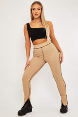 Camel Contrast Stitch Split Hem Leggings - Ria-Leggings