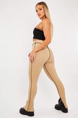 Camel Contrast Stitch Split Hem Leggings - Ria-Leggings