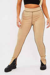 Camel Contrast Stitch Split Hem Leggings - Ria-Leggings