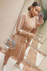 Camel Contrast Stripe Detail High Neck Midi Dress - Niana-Dresses