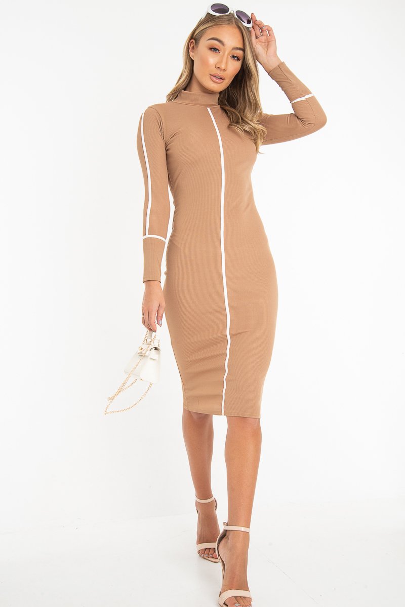 Camel Contrast Stripe Detail High Neck Midi Dress - Niana-Dresses