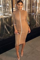 Camel Contrast Stripe Detail High Neck Midi Dress - Niana-Dresses