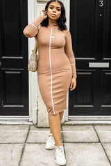 Camel Contrast Stripe Detail High Neck Midi Dress - Niana-Dresses