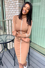Camel Contrast Stripe Detail High Neck Midi Dress - Niana-Dresses