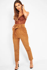 Camel Corduroy Belted Tapered Trousers - Janelle-Trousers