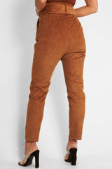 Camel Corduroy Belted Tapered Trousers - Janelle-Trousers