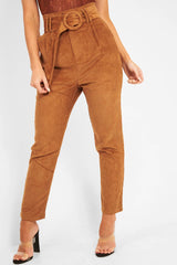 Camel Corduroy Belted Tapered Trousers - Janelle-Trousers