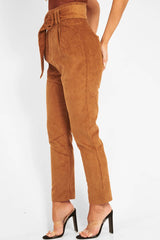 Camel Corduroy Belted Tapered Trousers - Janelle-Trousers