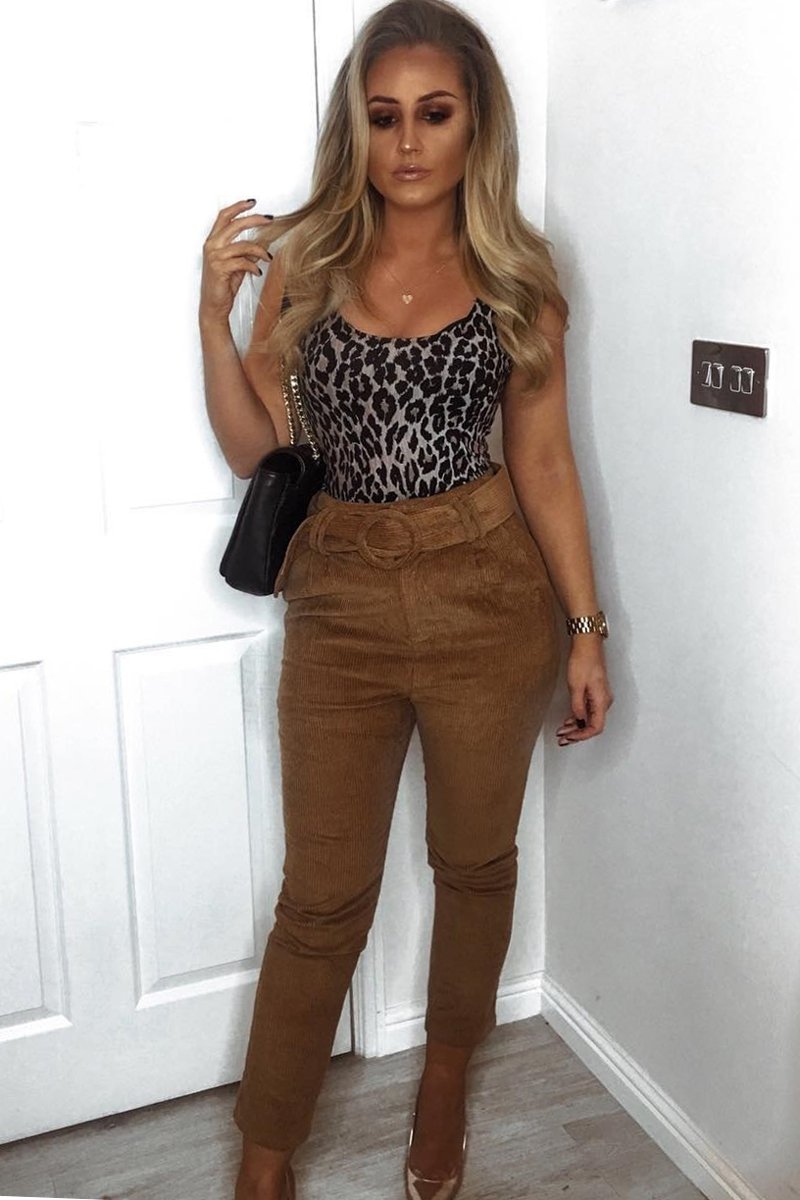 Camel Corduroy Belted Tapered Trousers - Janelle-Trousers