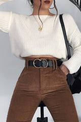 Camel Corduroy Belted Tapered Trousers - Janelle-Trousers