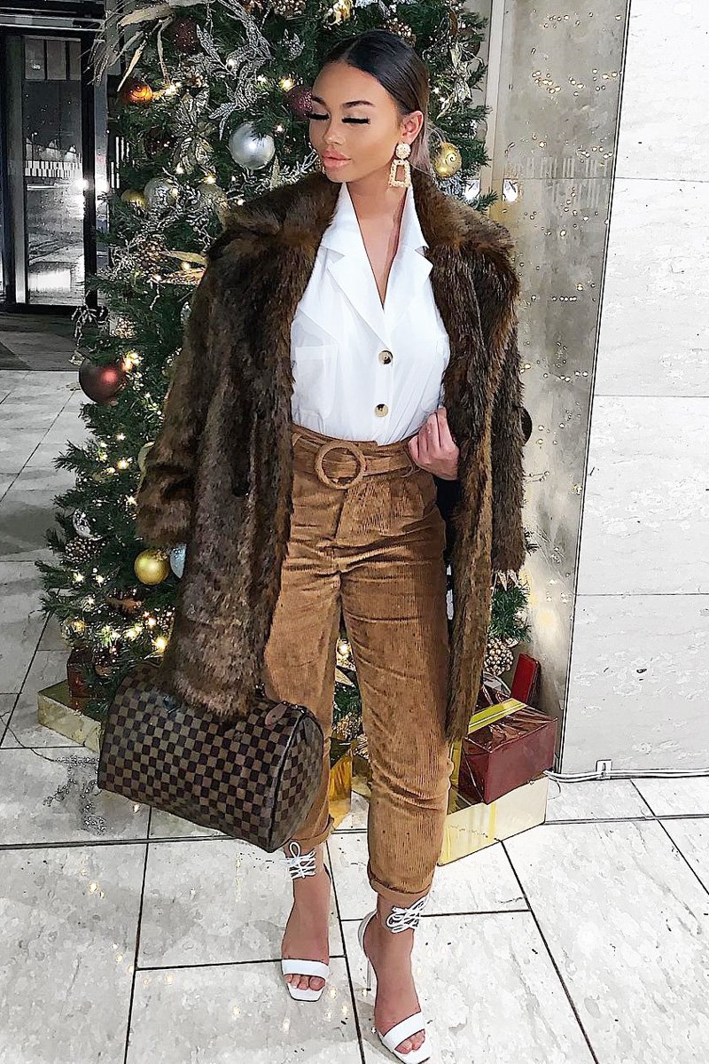Camel Corduroy Belted Tapered Trousers - Janelle-Trousers