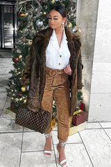 Camel Corduroy Belted Tapered Trousers - Janelle-Trousers