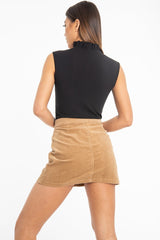 Camel Corduroy Button Front Mini Skirt - Vicky-Skirts