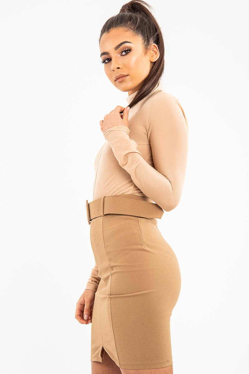 Camel Crepe Belted Bodycon Mini Skirt - Raven-Skirts