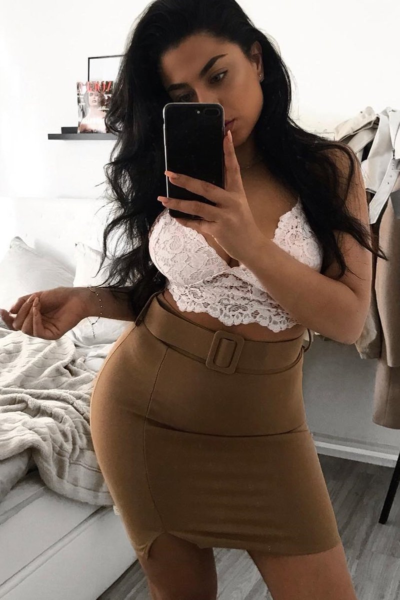 Camel Crepe Belted Bodycon Mini Skirt - Raven-Skirts