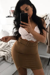 Camel Crepe Belted Bodycon Mini Skirt - Raven-Skirts