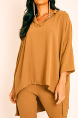 Camel Crepe Oversized Shirt and Cropped Trousers Co-ord - Ellee-Co-ords