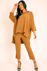 Camel Crepe Oversized Shirt and Cropped Trousers Co-ord - Ellee-Co-ords