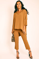 Camel Crepe Oversized Shirt and Cropped Trousers Co-ord - Ellee-Co-ords