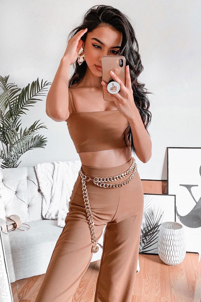 Camel Crop Top and Trousers Co-ord Set - Kimmy-Co-ords