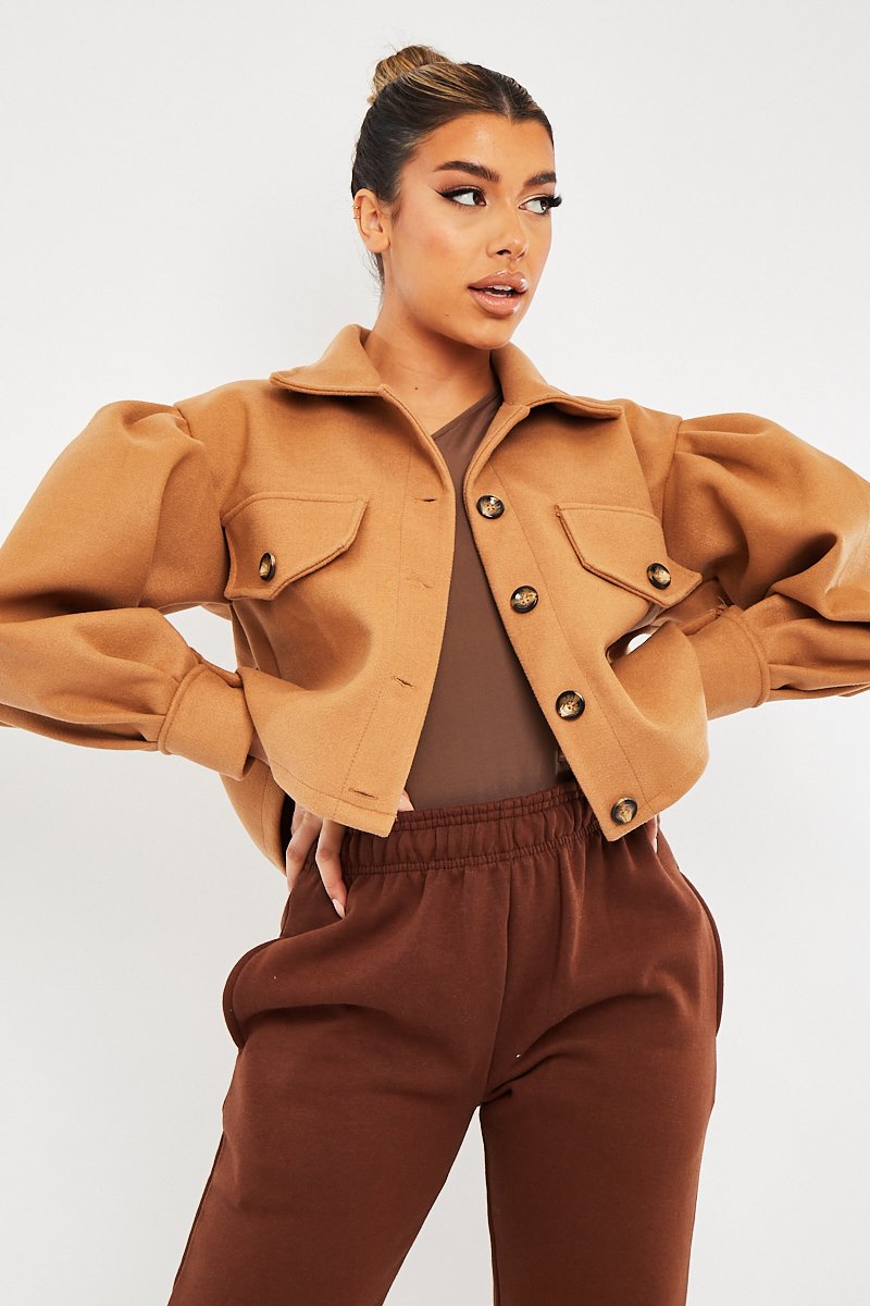 Camel Cropped Balloon Sleeve Shacket - Lexia-Shacket
